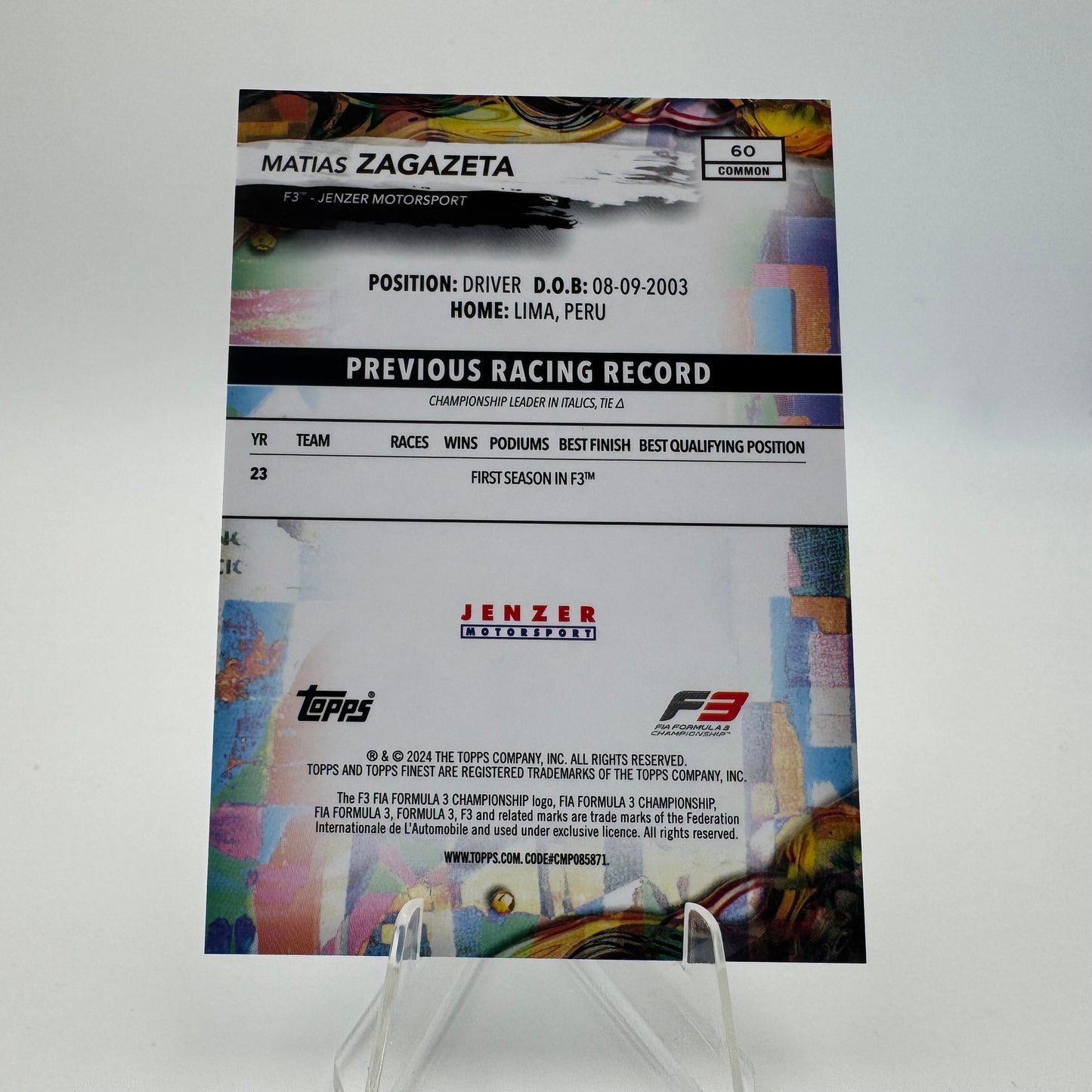 Matias Zagazeta - Jenzer Motorsport - Topps Finest F1 2024 - 084/200