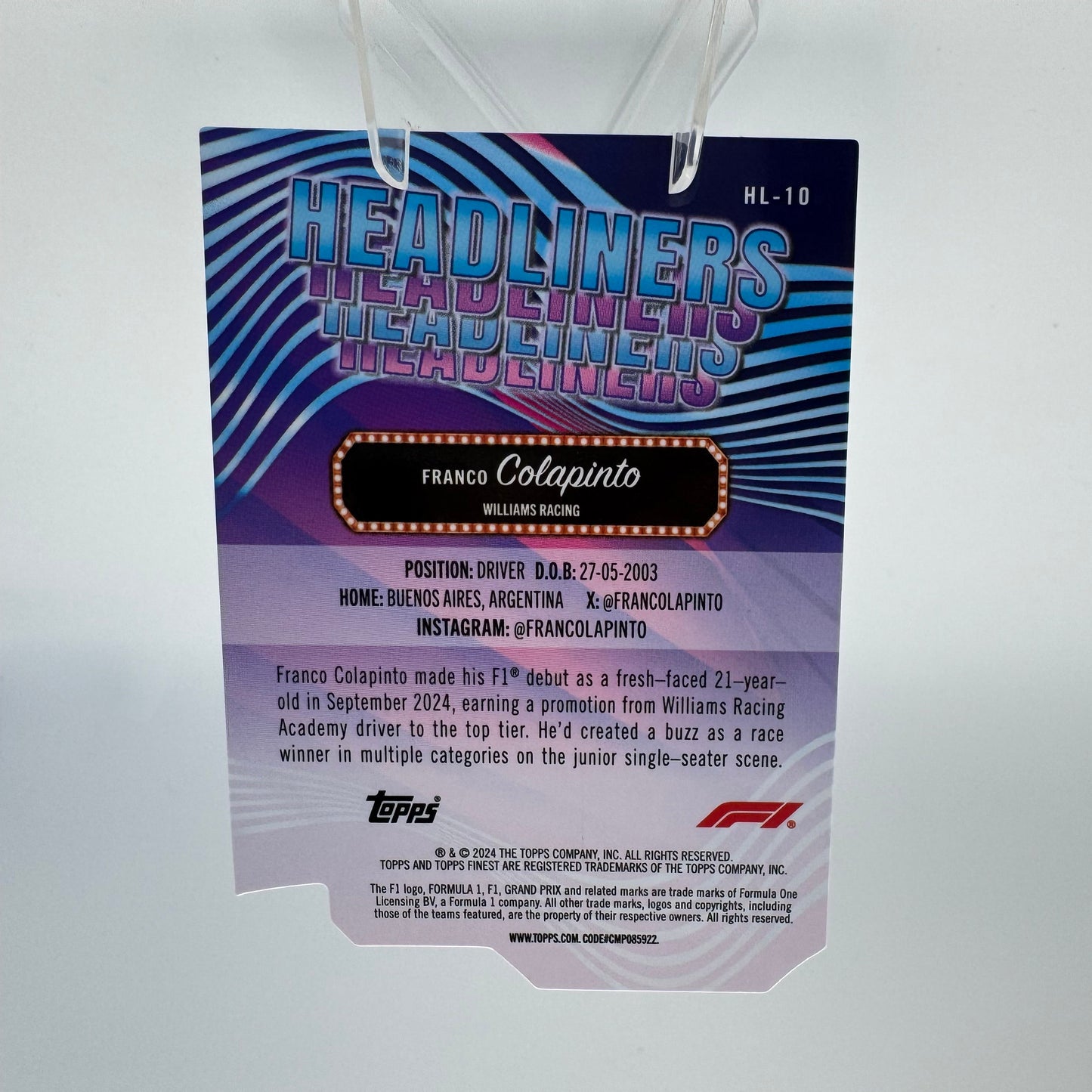 Franco Colapinto RC - Williams - Topps Finest F1 2024 - Die Cut Headliners 61/74