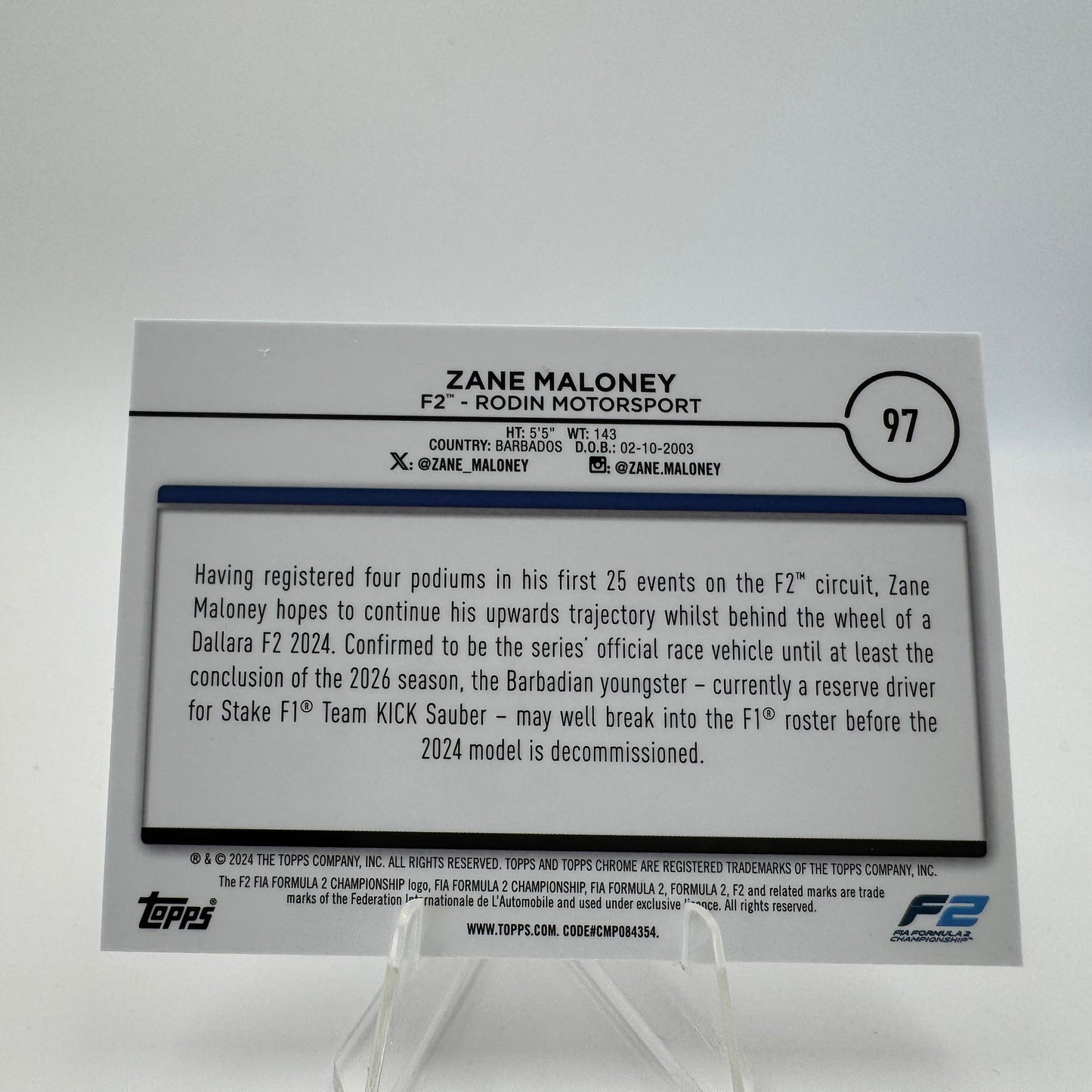 Zane Maloney - Rodin Motorsport - Topps Chrome F1 2024 - 51/75