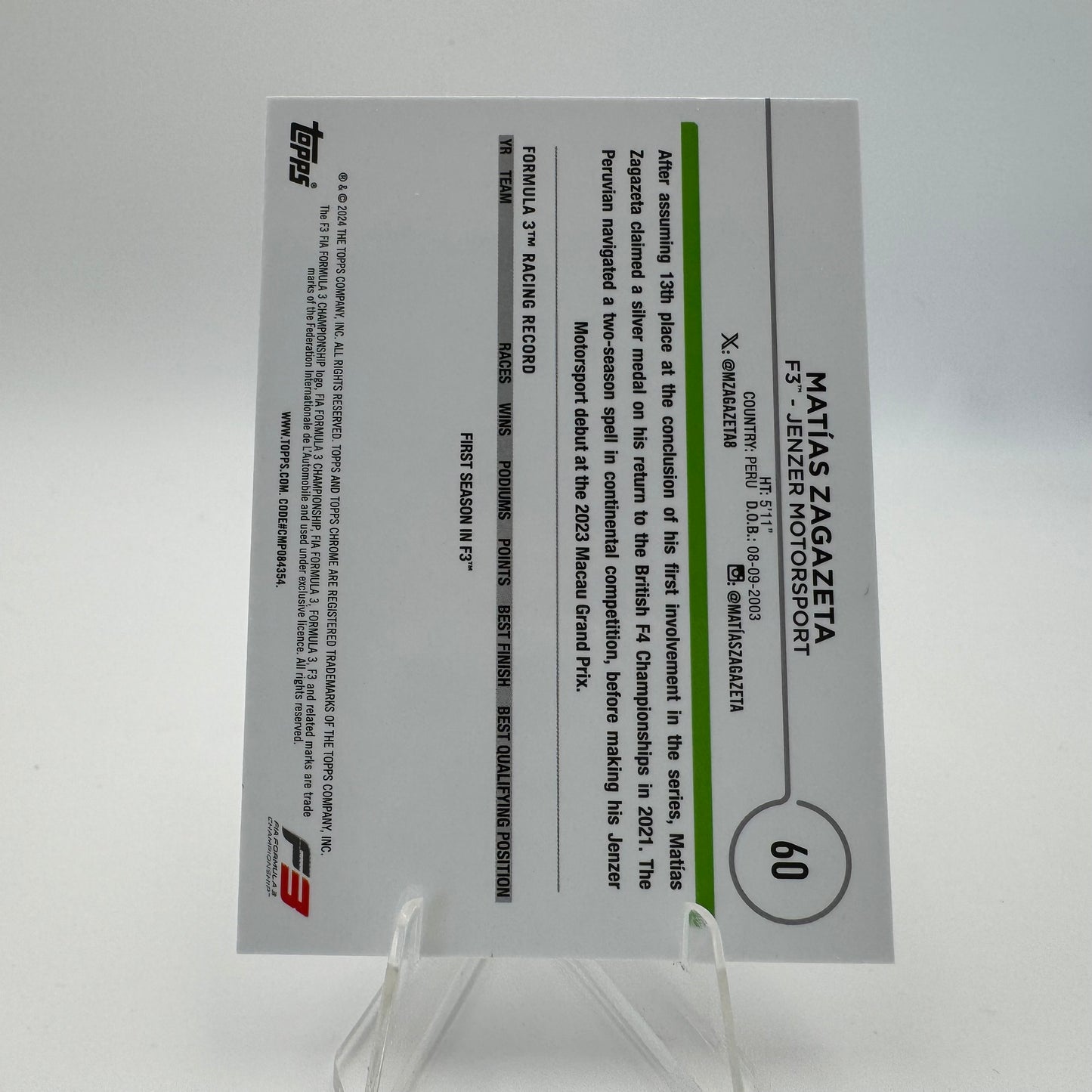 Matias Zagazeta - Jenzer Motorsport - Topps Chrome F1 2024 - 185/225