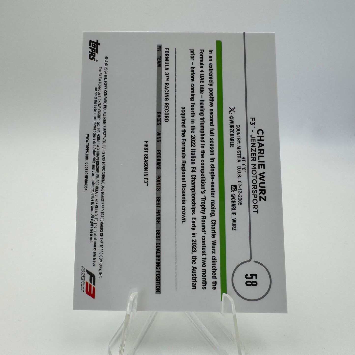 Charlie Wurz - Jenzer Motorsport - Topps Chrome F1 2024 - 80/99