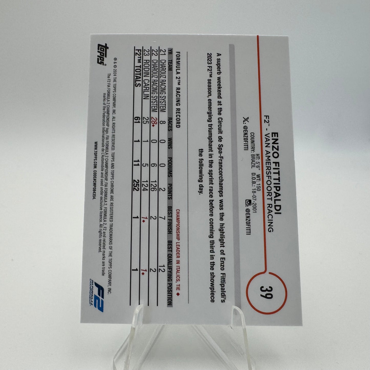 Enzo Fittipaldi - Van Amersfoort Racing - Topps Chrome F1 2024 - 52/99