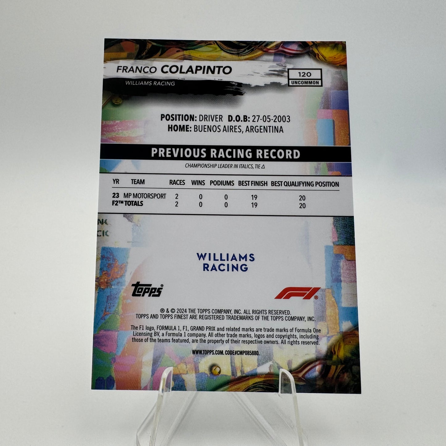 Franco Colapinto RC - Williams - Topps Finest F1 2024 - 16/20
