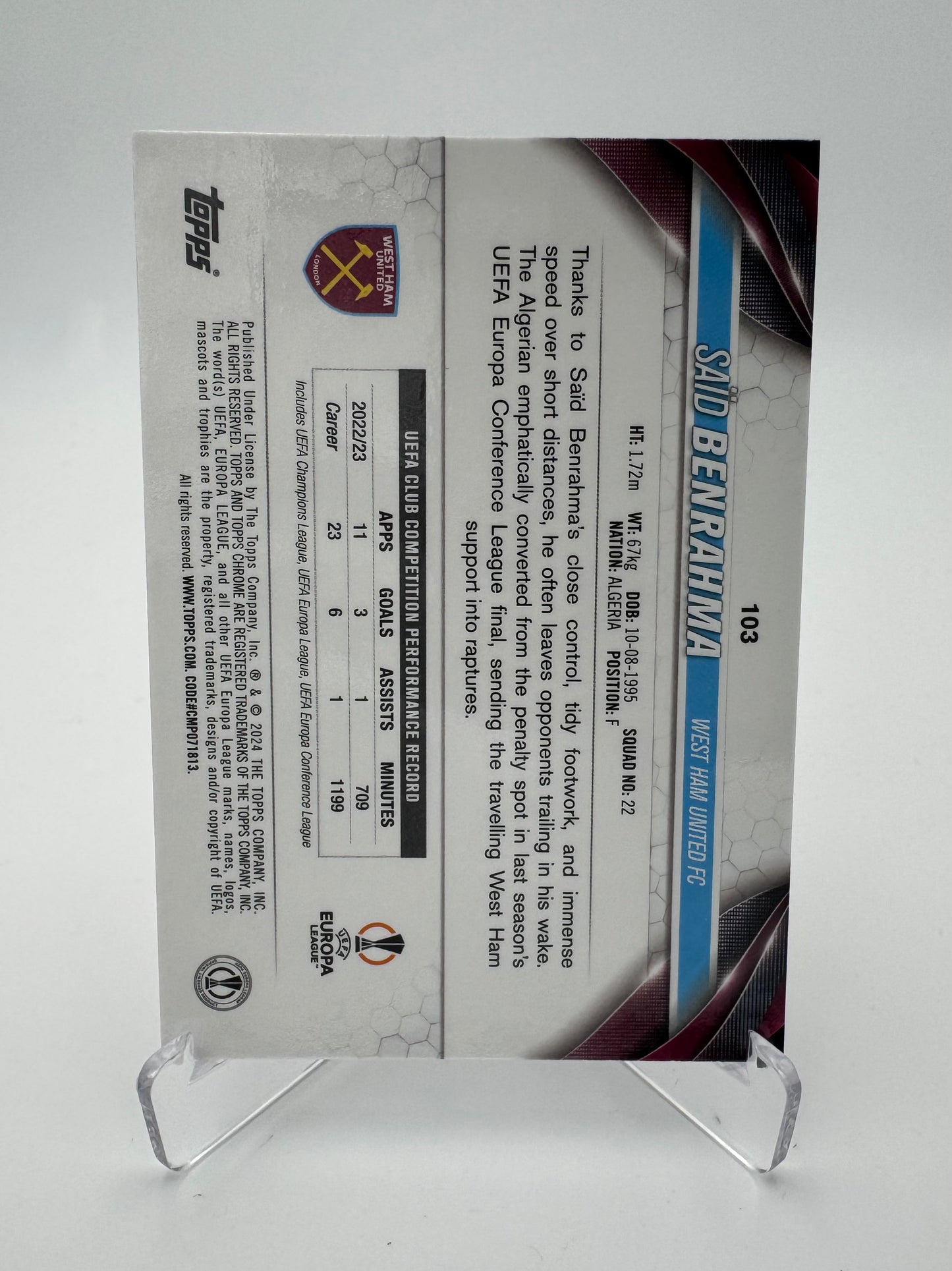 Said Benrahma - West Ham United FC - Topps Chrome Sapphire UCC 2024 - 12/50