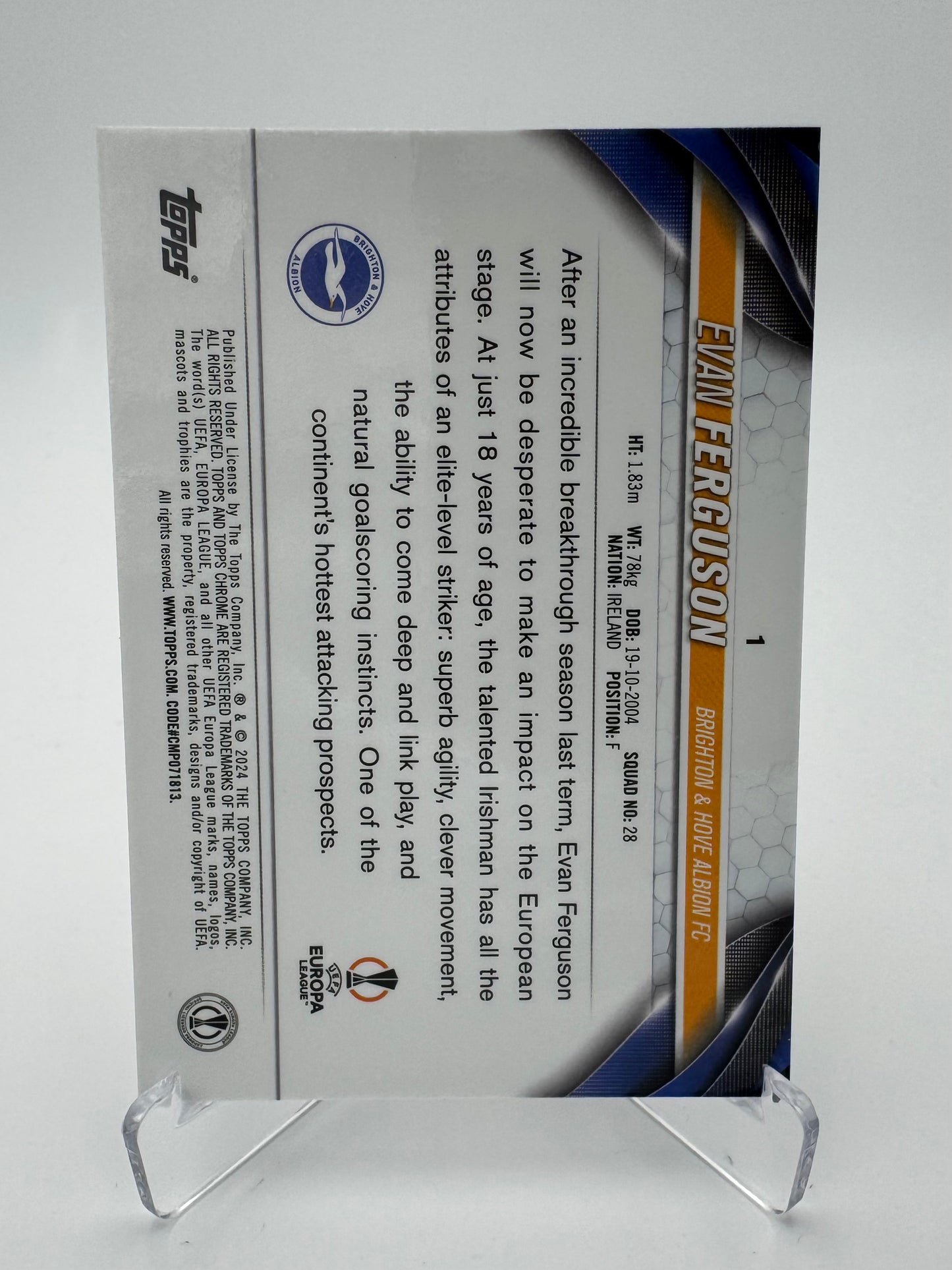Evan Ferguson - Brighton & Hove Albion FC - Topps Chrome Sapphire UCC 2024 - 41/75