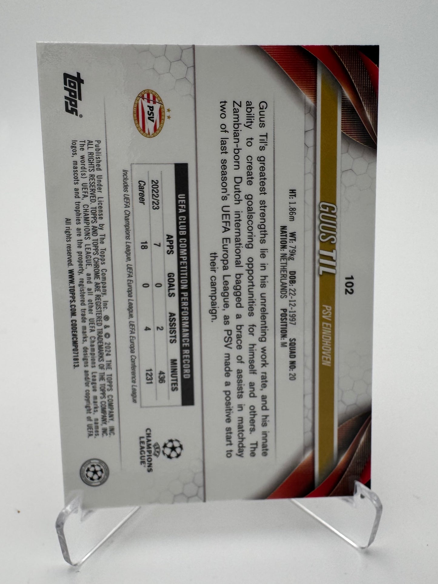 Guus Til - PSV Eindhoven - Topps Chrome Sapphire UCC 2024 - 40/75
