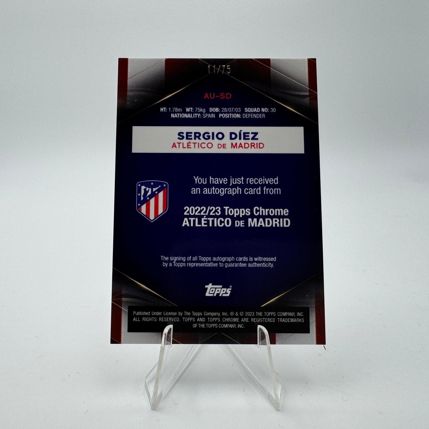 Sergio Diez RC - Atletico de Madrid - Topps Chrome Atletico de Madrid - Autograph 11/75