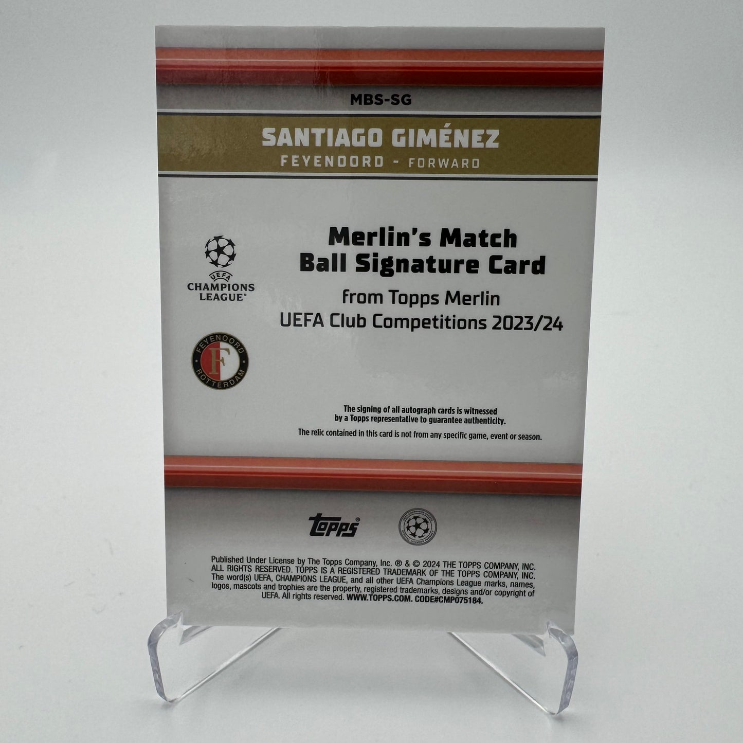 Santiago Gimenez - Feyenoord - Topps Merlin 2024 - Auto Relic 23/50