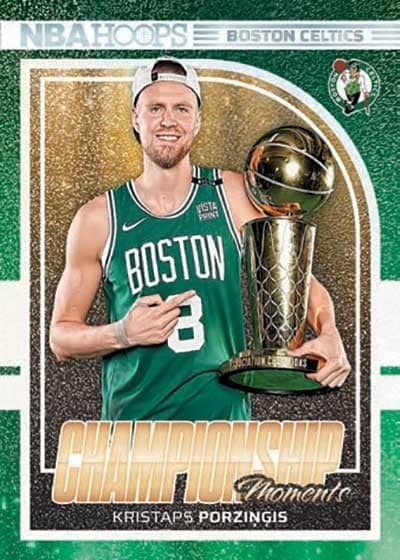 Visuel d'une carte de la collection Panini NBA Hoops présentant le joueur Kristaps Porzingis des Boston Celtics dans l'insert Championship Moments