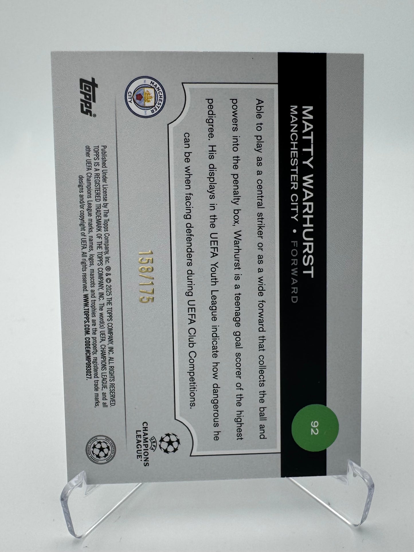 Matty Warhurst RC - Manchester City - Topps UCC 2025 - 158/175